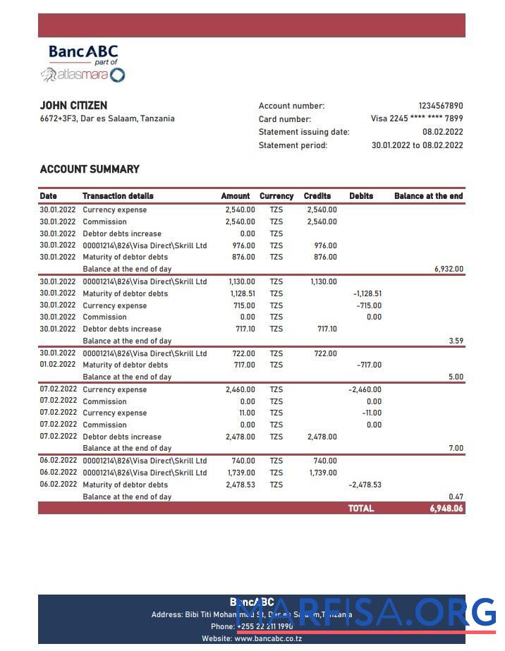Realistic Tanzania BancABC bank statement excel real example